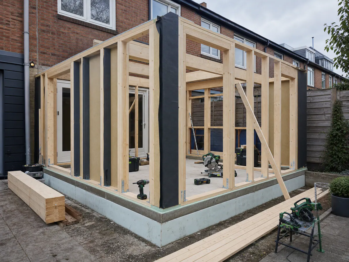 Houten aanbouw in de ruwbouwfase