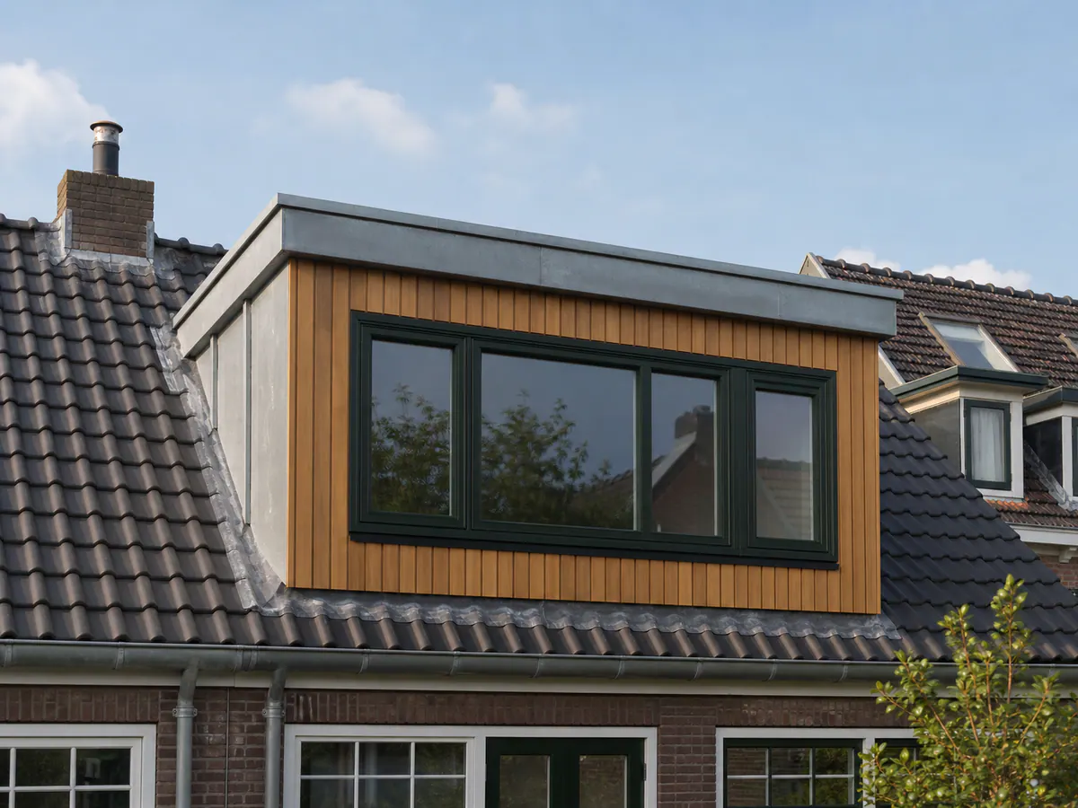 Brede houten dakkapel met donkere kozijnen op een pannendak