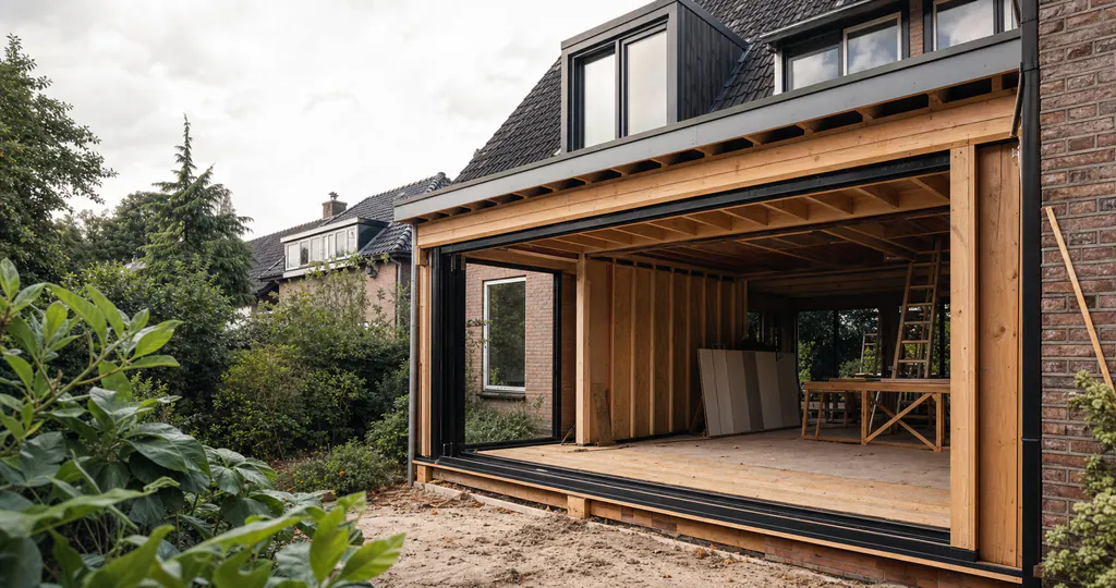 Houten aanbouw in uitvoering aan een Nederlandse woning